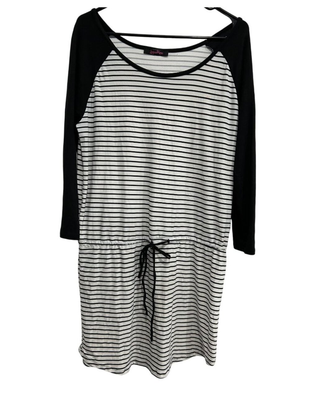 Lorena Rose Black White Striped Long Sleeve Dress Drawstring Waist